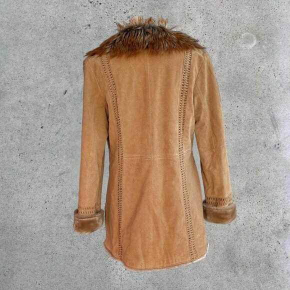 Vintage tan suede coat with faux fur trim - Picture 3 of 8